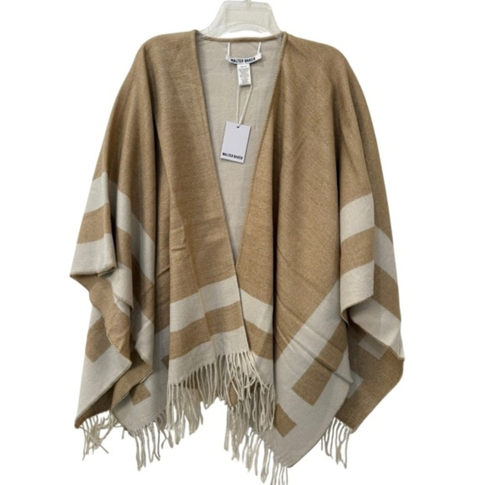 Walter Bakerโ Veruschka Poncho Camel Ivory Geometric Fringe Knit Wrap NEW O/S